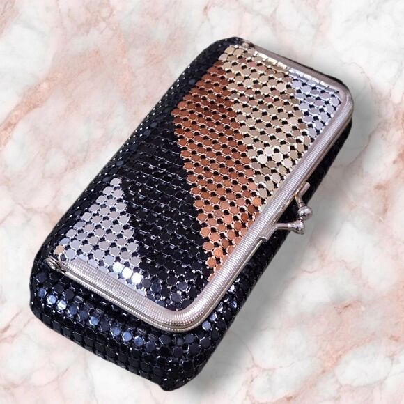 Vintage Bags by Marlo Metal Mesh Kisslock Clutch Black Copper Silver Retro - Picture 3 of 10